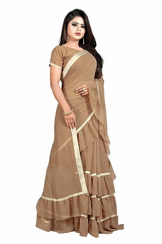 Women's Ruffle Saree Georgette Frill Design Stylish Ruffle Sari Blouse Partywear - Picture 11 of 94