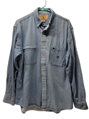 Madison Creek Mens Medium Denim Shirt Button Down Embroidered Logo Moose - Picture 2 of 10