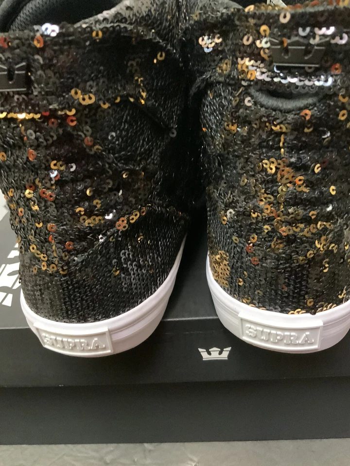 RARO SUPRA Mujer Zapatos Skytop Metálicos Negro Metálico Dorado Lentejuelas Talla 5 Foto 3 de 4