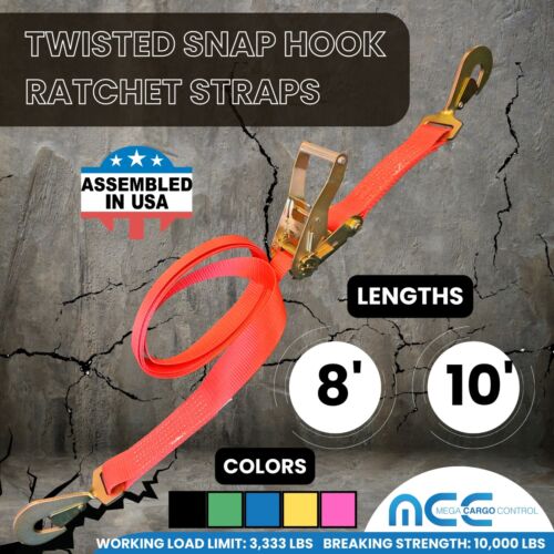 USA 4 Pack 2" x8' Ratchet Tie Down Strap w/Twisted Snap Hook for Trailer Wrecker - Picture 2 of 7