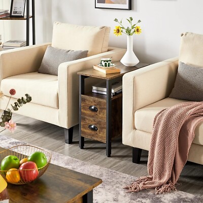 Industrial Rustikal Holz Schmal Beistell Couchtisch Nachttisch 2 Schubladen