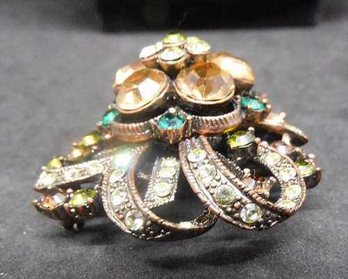 JOAN RIVERS Vintage Tiered Rhinestone Ribbon Copper Tone Brooch Greens Topaz EUC - Picture 4 of 11