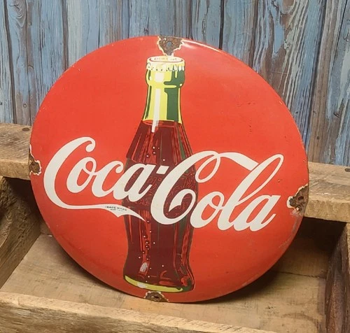 Vintage Coca Cola Coke Bottle Porcelain Soda Pop Advertising Dome Button Sign