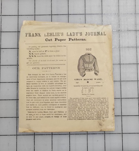 Frank Leslie's Lady's Journal Cut Paper Pattern #352 1870s Girl's Blouse Size 8 - Picture 2 of 4