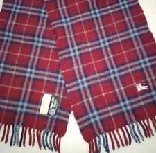 Burberrys London Paris New York Red Burgundy Wool Scarf Fringe Nova Check   