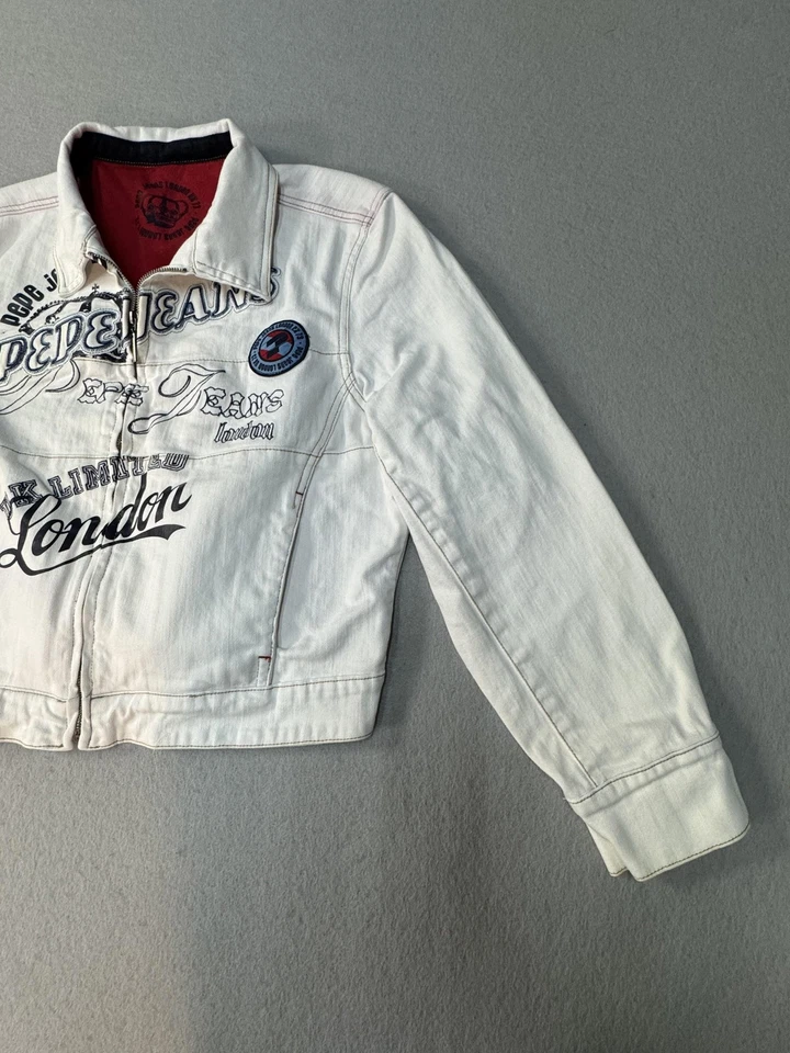 Chaqueta Pepe Jeans Para Hombre 2XL Blanca Denim Cremallera Frontal Gráfico Londres Parche Logo Foto 2 de 4