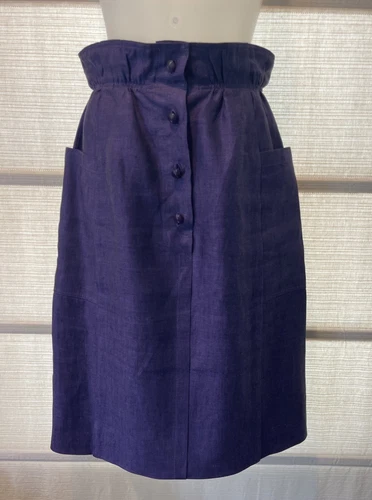 Emanuel Ungaro Purple Linen Paper Bag Waist Skirt~Pkts~Pretty Bttns~Lined~Sz. 4
