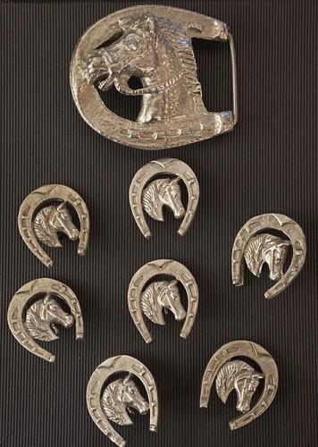 Vintage massiv Sterling handgefertigt Hufeisen Gürtelschnalle & Concho Set 9,2 Unzen AN825-49 - Bild 3 von 21