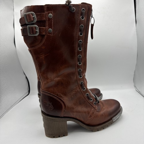 Botas de becerro FLY LONDON Logger Lada de cuero marrón para mujer talla 7 hechas en Portugal cremallera completa - Imagen 8 de 23