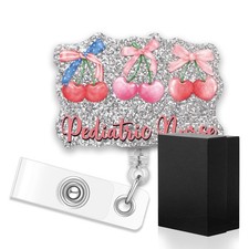 Pediatric Nurse Retractable Glitter Badge Reel with Clip Funny Cherry Bow Gift