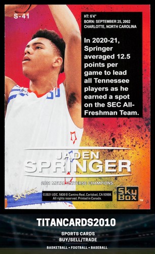 Jaden Springer 2021 Skybox refractor Tennessee Vols #S-41 - Picture 2 of 2