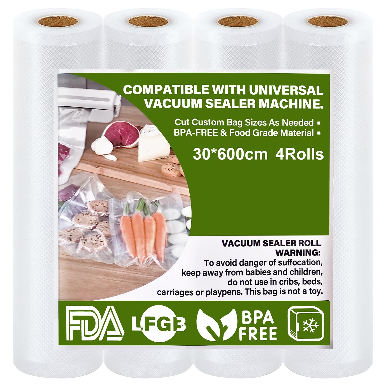 GIBOHOM Rotoli Sottovuoto Alimenti 30x600cm - 4X Risparmio e Freschezza