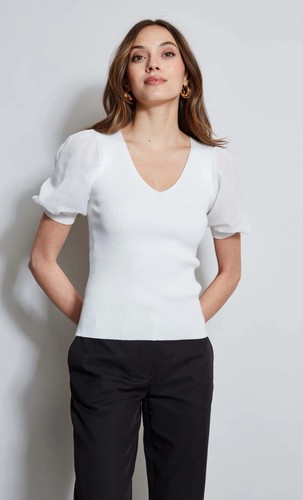 Elie. Tahari Eyelet Puff Sleeve Top Sz M White Tee Romantic Boho Career Party