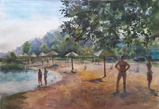 Original Artwork Modern Painting Landscape 33x48  People Men Beach Gift
