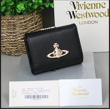 Vivienne Westwood Trifold Wallet Black Gold Orb Logo Textured Italian Made JP