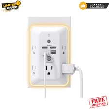 Addtam 9-in-1 Surge Protector Outlet Extender 5 AC + 4 USB (1 USB-C) Night Light