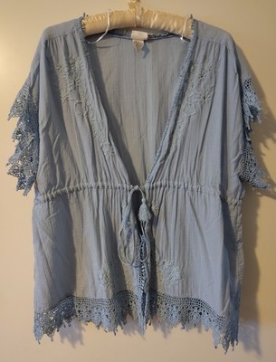 H&M Conscious Collection Hellblaue Bindebluse Mit Stickerei Und Häkelspitze, NEU