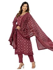Women's Cotton Printed Straight Kurta with Pant and Dupatta Set