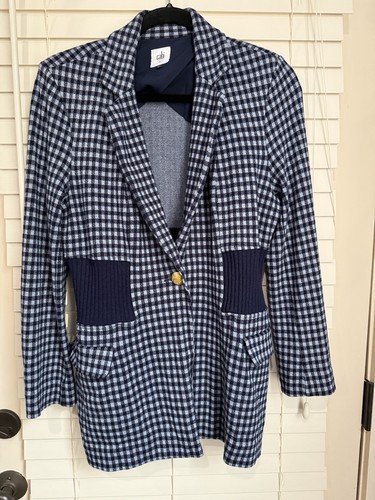 Cabi Checkup Blazer Jacket M Check Blue Plaid 5848 Stretch Gold Buttons Navy - Picture 6 of 8