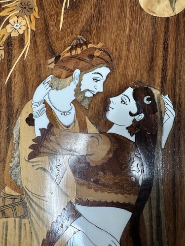 Vintage Indian Inlaid Wood Marquetry Panel Romantic Embrace Wall Art Decor 39” - Picture 4 of 13