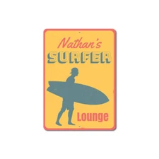Surfer Lounge Sign, Custom Surfer Dude Silhouette Name Aluminum Metal Decor Sign