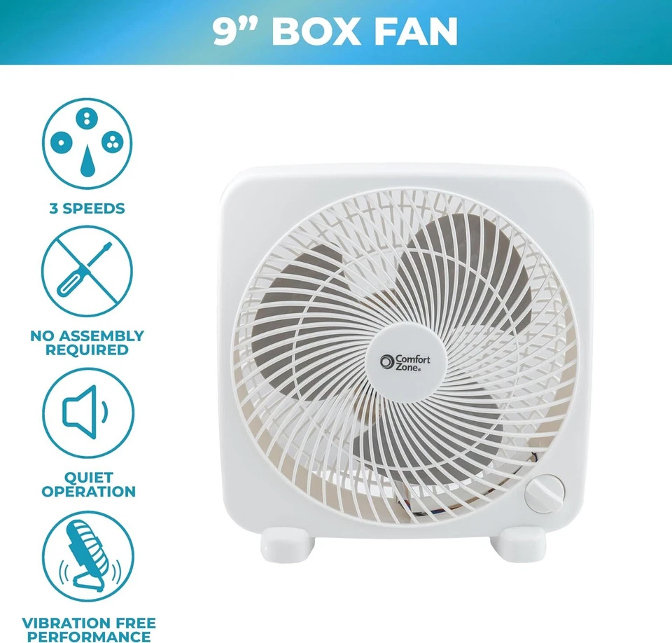 Comfort Zone Box Fan, 9 inch, Portable, Electric Quiet, 3 Speed, Small White  - Image 4 of 4