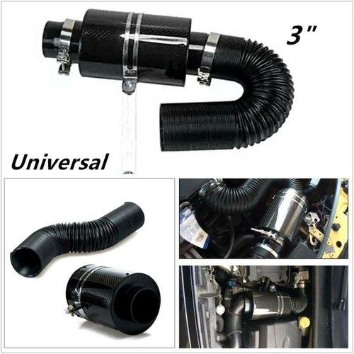 3" Filter Box Carbon Fiber Car Induction Ram Cold Air Intake System+Hose Durable - Foto 2 di 13