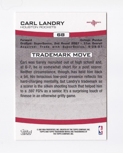 2007-08 Topps Trademark Moves #68 Carl Landry RC/1999 Houston Rockets Purdue - Imagen 2 de 2