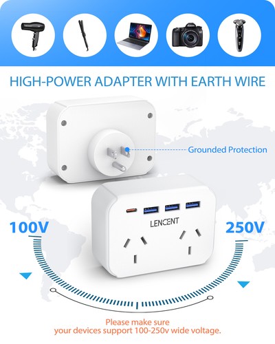 LENCENT Travel Adapter w/ 2 Outlets 3 USB Type C for AU to EU/UK/US Plug Adapter - Picture 33 of 35