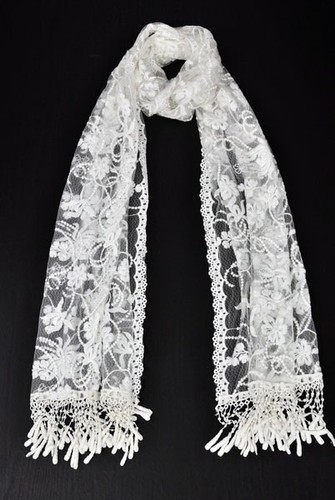 W34 Gentle Cotton Yarn Lady's Long Scarf Shawl Embroidery Flower Lace IVORY - Picture 2 of 6