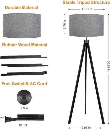 Wood Tripod Floor Lamp - Modern Mid Century Design for Living Room & Office - Picture 8 of 8