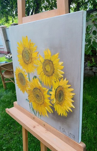 Original oil painting Sunflowers yellow flowers plants nature artwork 20x20" - Picture 8 of 8