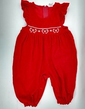 Vintage Girls Velvet Jumper Romper Embroidered Bows Flutter Sleeve Red Christmas