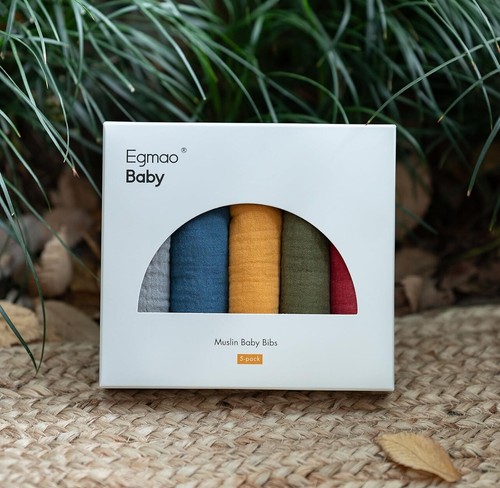 NEW~ Egmao Baby New York Muslin 5 pack Bibs Rich Earth Tone Colors Unisex box - Picture 2 of 8