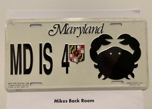 Vintage 1992 MARYLAND ALBERT ELOVITZ LICENSE PLATE "MD IS FOR CRABS" NEW SEALED - Picture 2 of 4
