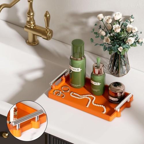 Bathroom Tray Countertop, 11" Silicone Vanity Tray for Counter, Kitchen Orange - Picture 6 of 9