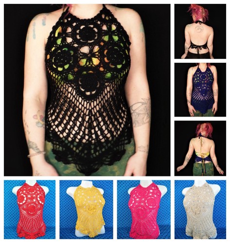 Halter Neck Crochet Top Hand Made Tie Back Bohemian Festival Summer Top - Picture 1 of 27