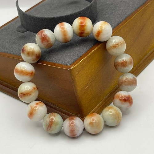 Burmese Jade Bracelet Jadeite White Salmon Orange Strips Beads Size 13.5 mm - Picture 7 of 7