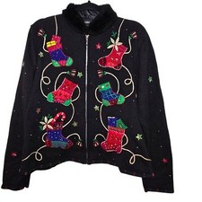 Hampshire Studio Vintage Holiday Sweater Zip Front Faux Fur Womens Size Large