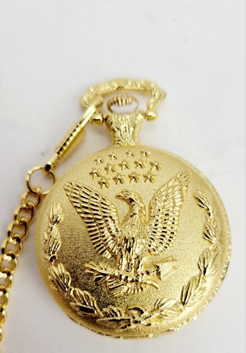 Goldfarbene Eagle USA patriotisch verzierte Taschenuhr mit Kette - SCHÖN! - Bild 5 von 7