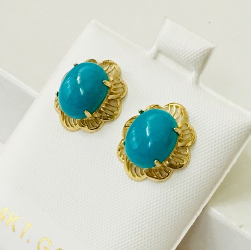 Solid 14K Yellow Gold Genuine Natural Turquoise Lacey Mounting Stud Earrings NEW - Picture 3 of 8