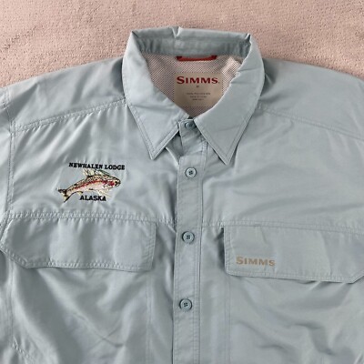 Simms Fishing Shirt Men Medium Cinder Flap Pockets UPF Vented Newhalen Lodge NEW