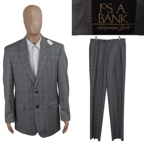 NUOVO Jos A Bank Signature Gold Sharkskkin Check grigio tuta lana 40 L senza orlo 34 W - Foto 1 di 16