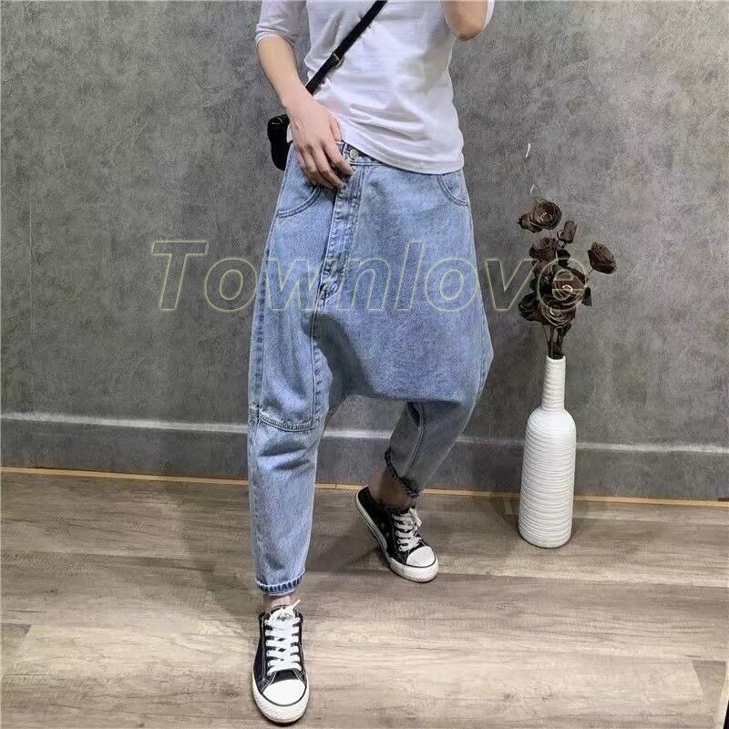 Men Women Denim Pants Harem Loose Trousers Irregular Drop Crotch