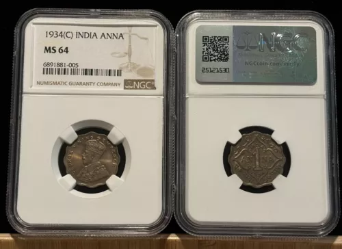 INDIA 1 Anna 1934 (C), NGC MS 64 Choice UNC / BU, Lustrous Surfaces, KGV. D1