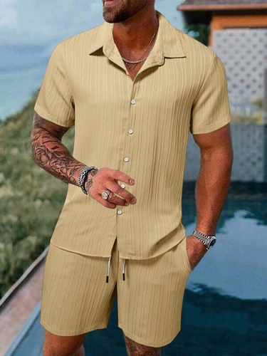 Hombre Color Sólido Camisa Informal Suelta Manga Corta Pantalones Cortos Playa Conjunto - Imagen 9 de 20