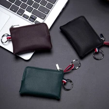 Mens Leather Coin Purse Change Pouch Wallet Zipper ID Card Holder with Key Chain