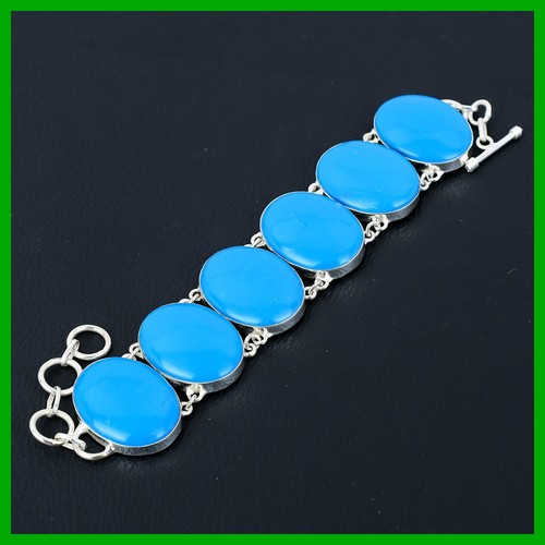 Easter Sale 925 Sterling Silver Natural Sleeping Beauty Turquoise Chain Bracelet - Picture 3 of 6