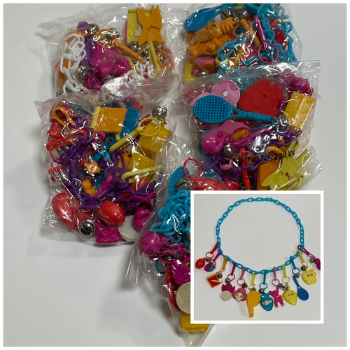 SET OF 5 Vintage 80s Plastic Clip Bell Charm Chain Link Necklace 12 Charms NOS