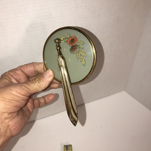 Antique Vanity Art Deco Hand Held Brass Mirror Swivel Gold Tone Rose Etching - Picture 10 of 18